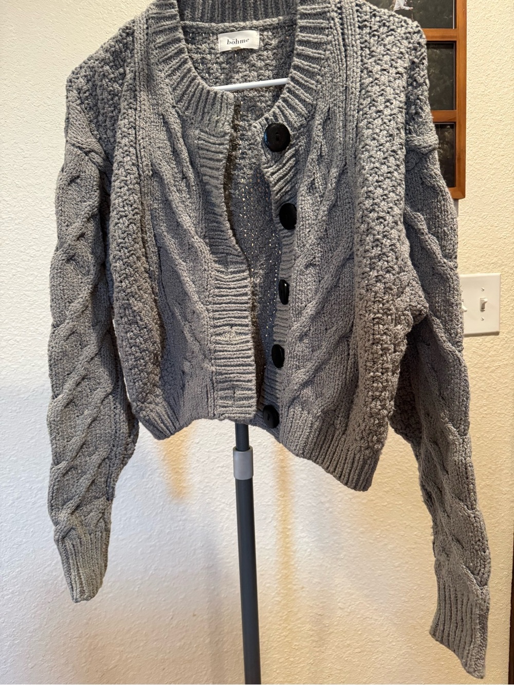 bohme Gray Chunky Cable Knit Button-Up Cardigan